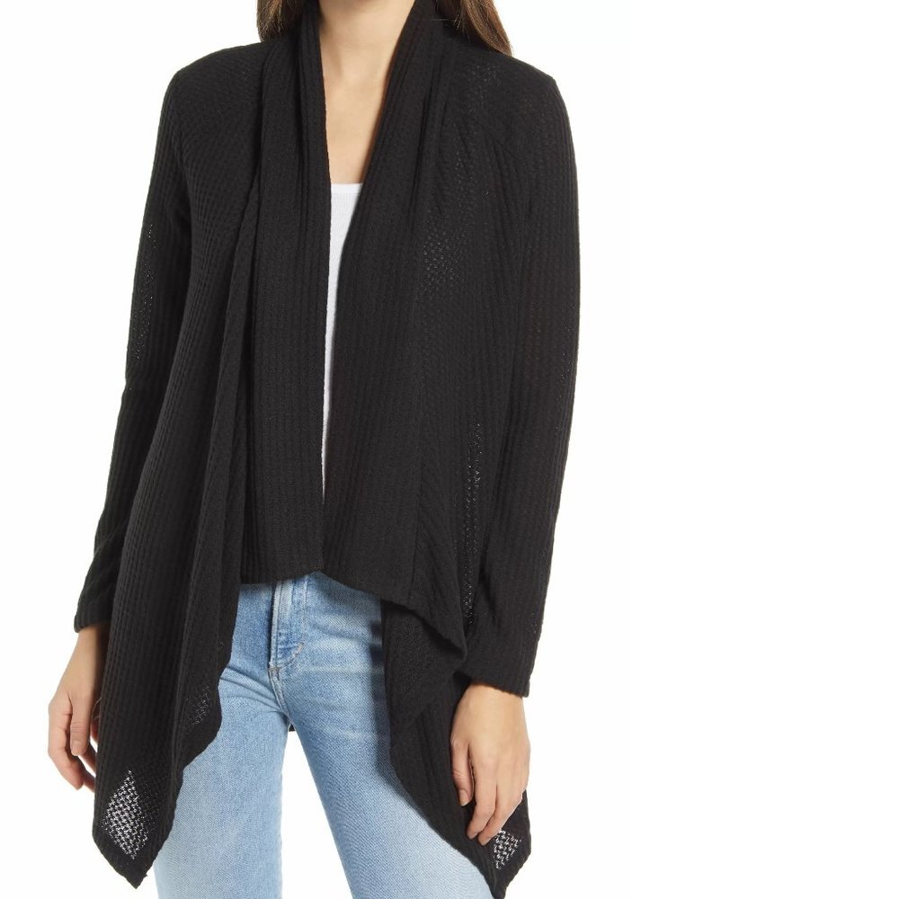 Bobeau Waffle Knit Drape Front Cardigan